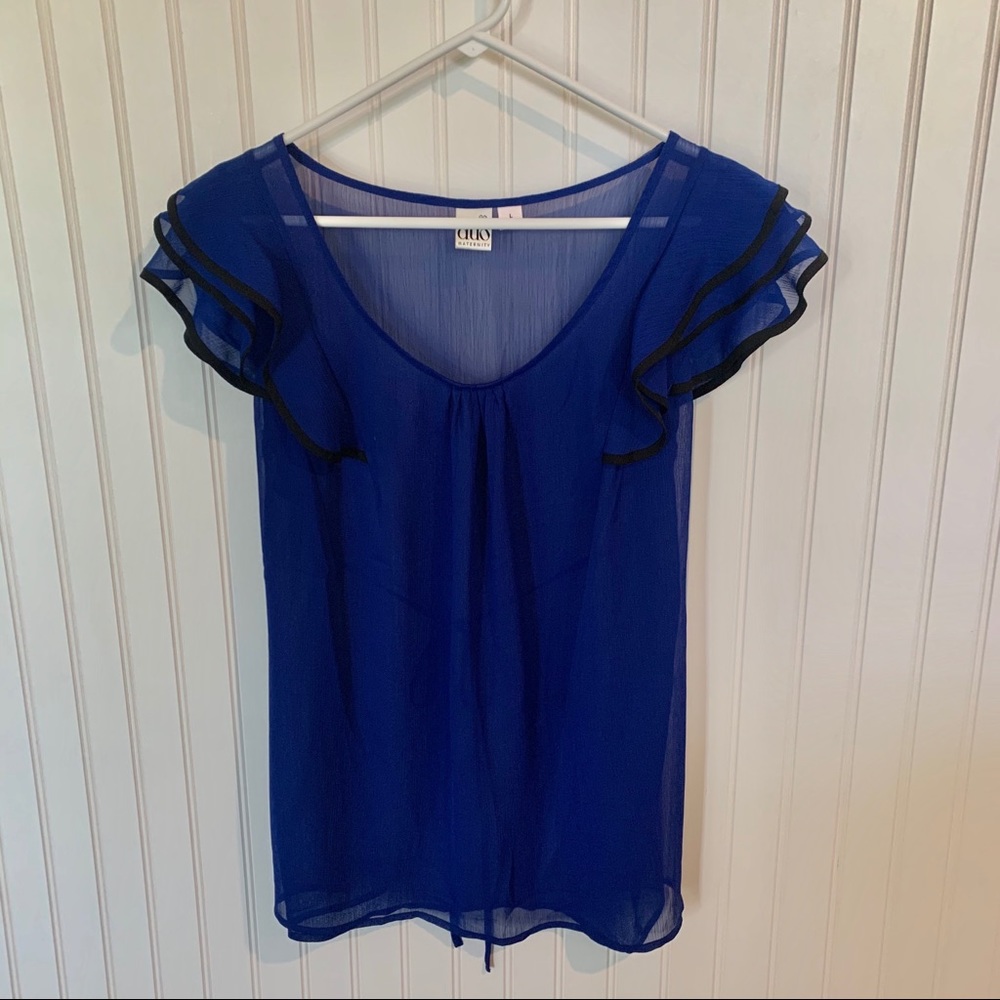 Duo Maternity Top Ruffle Cap Sleeve Sheer Shirt